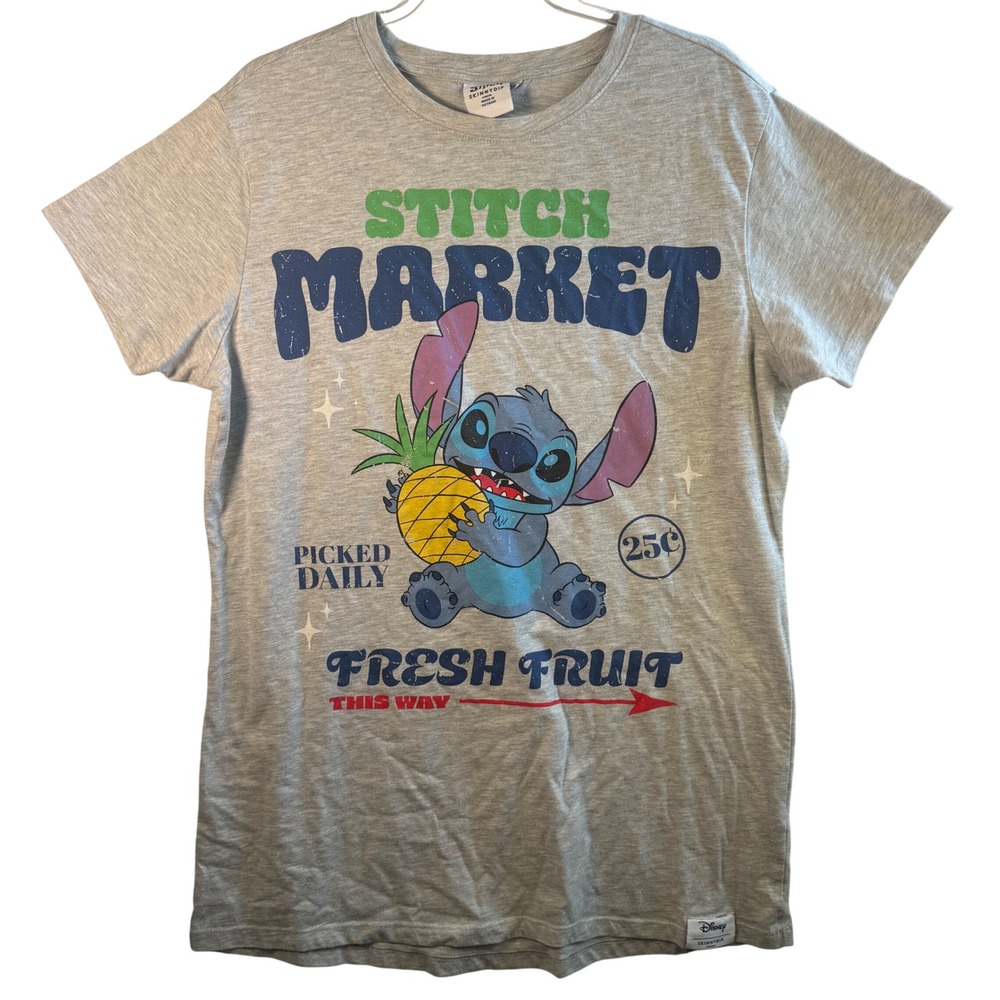 Disney Skinnydip Stitch Market Graphic Long Sleep Tee Cotton Gray Lilo Stitch M